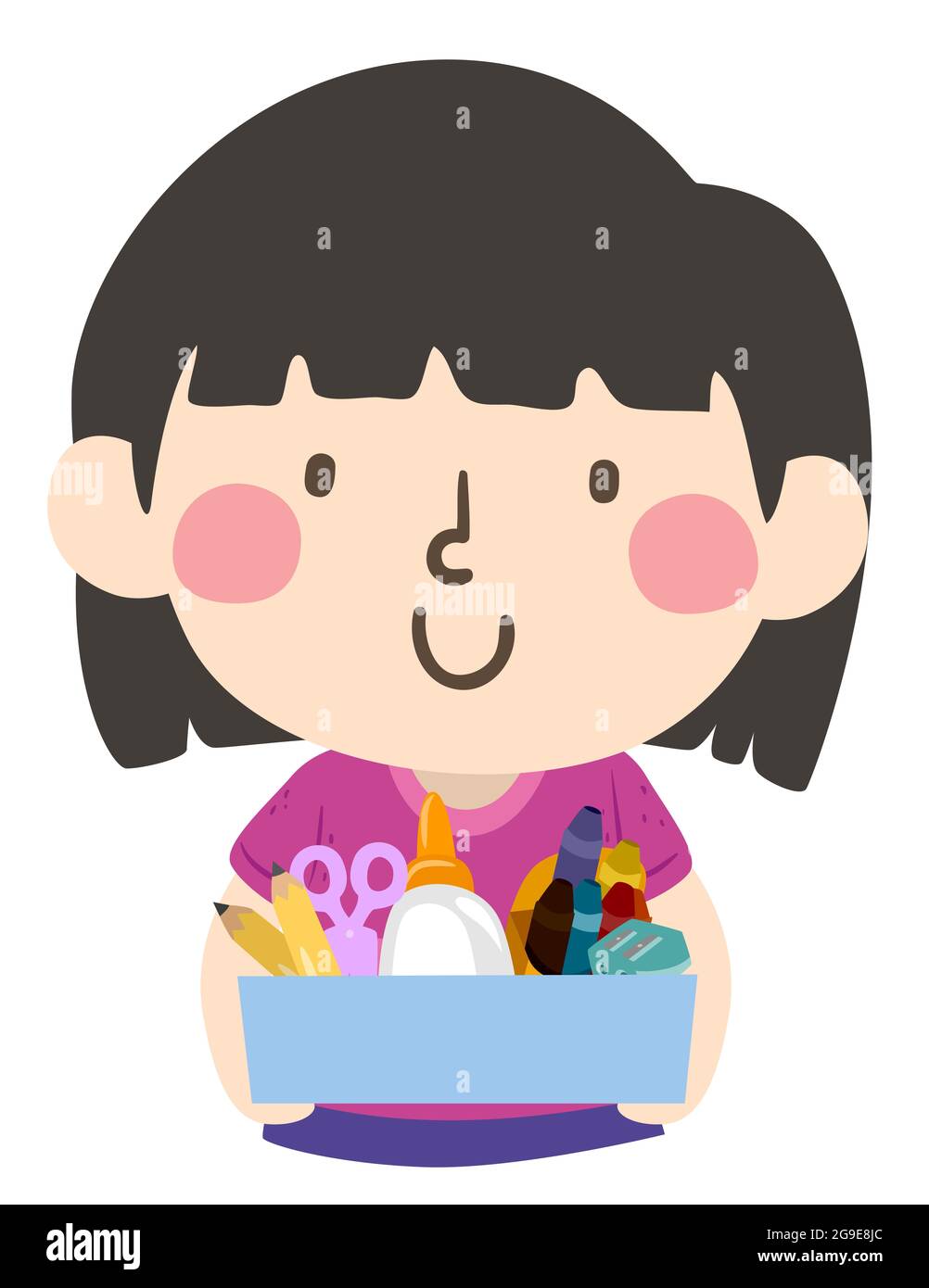 Illustration eines Mädchens, das eine Schachtel voller Schulbedarf als Zubehörsammler trägt, Klassenarbeit Stockfoto