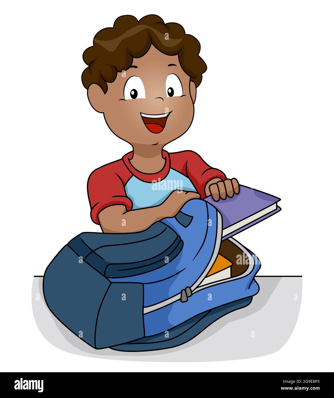 Illustration eines jungen Schülers, der sich auf die Schule vorbereitet, indem er Buch in den Rucksack legt Stockfoto