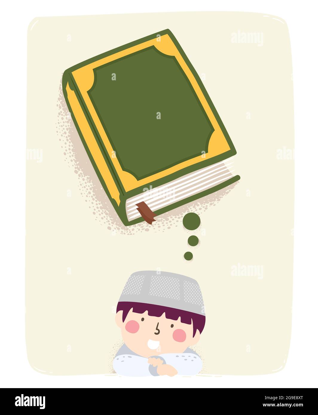 Illustration eines Kid Boy Muslim, der über den Koran denkt Stockfoto