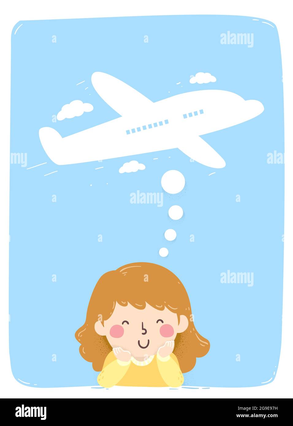 Illustration eines Mädchens, das für das Reisen an ein Flugzeug denkt Stockfoto