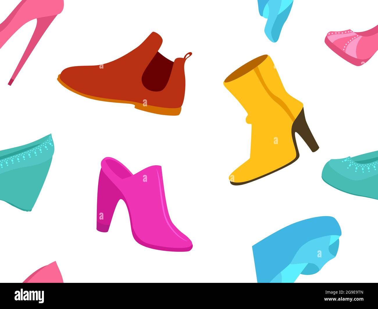 Nahtlose Hintergrund Illustration von verschiedenen Arten von Schuhen wie Maultiere und Stiefel in verschiedenen Farben Stockfoto