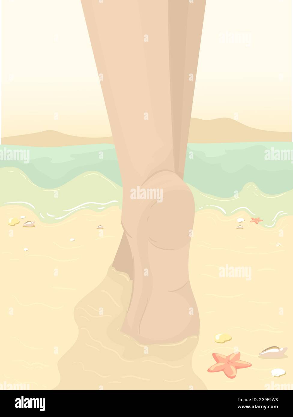 Illustration der Füße eines Mädchens, das barfuß am Strand läuft, Erdung Stockfoto