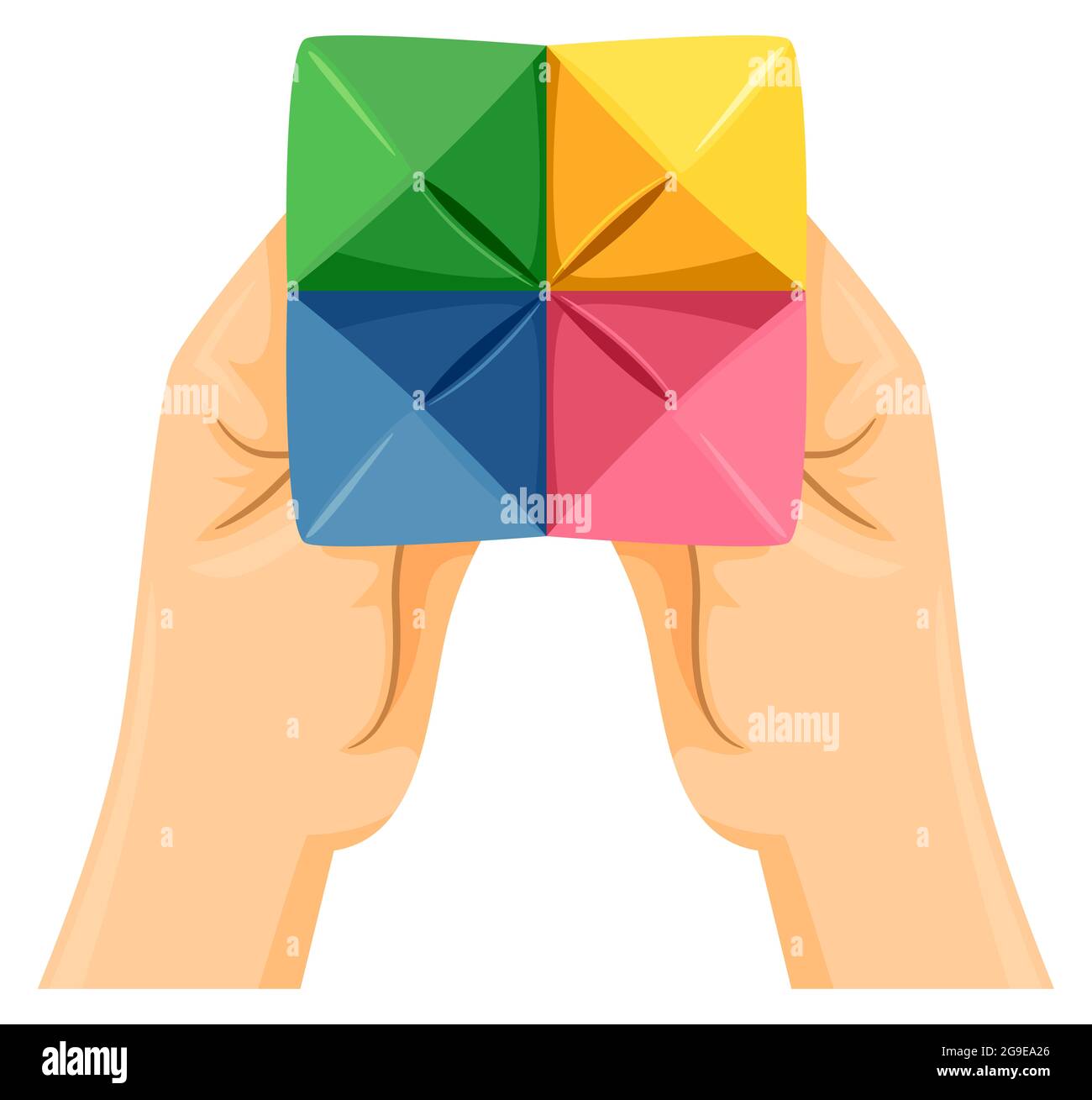 Abbildung der Hände, die einen Papiervorratsteller in verschiedenen Farben halten Stockfoto