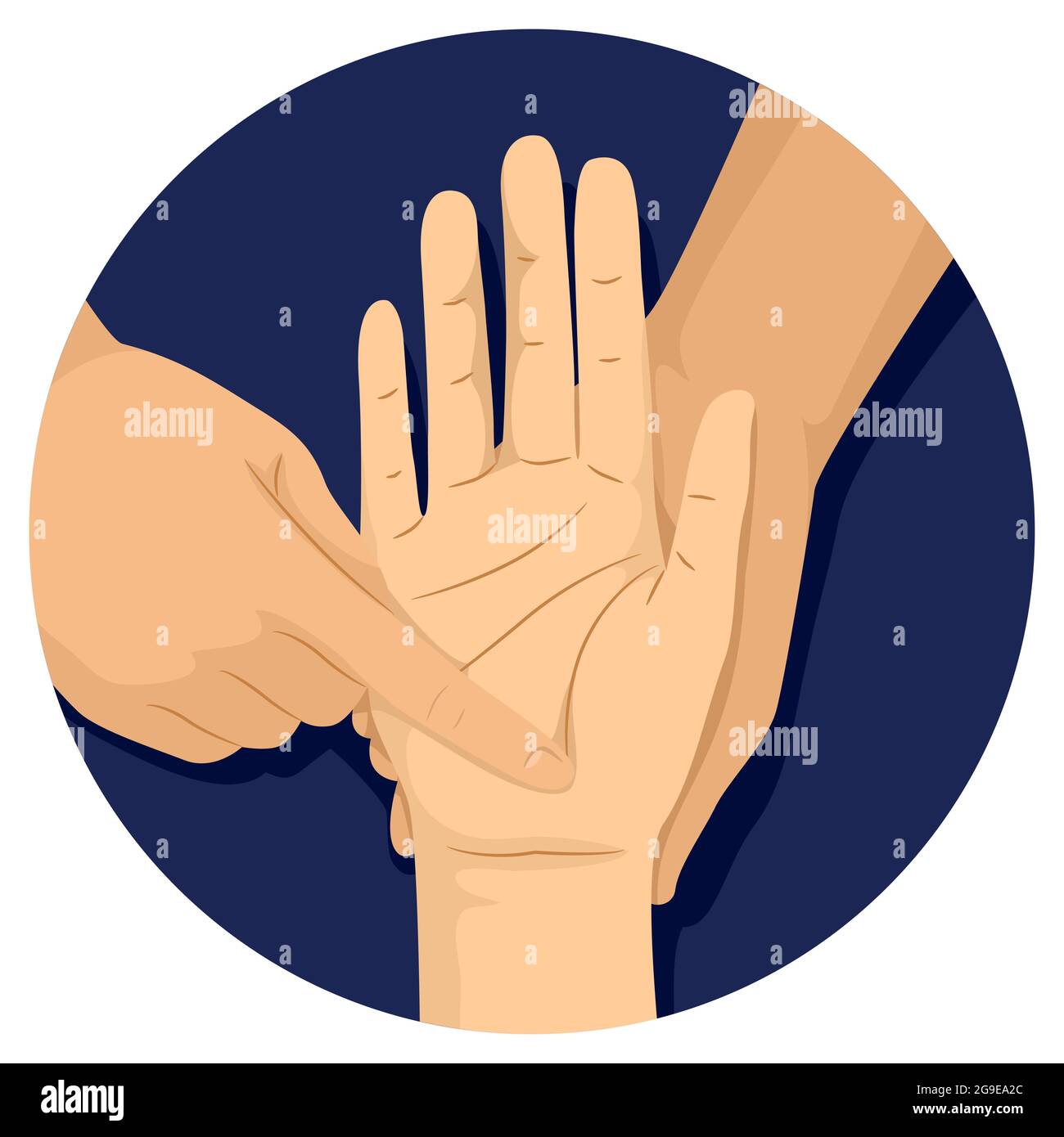Illustration der Hände, die eine andere Hand halten und ihre Handfläche lesen Stockfoto