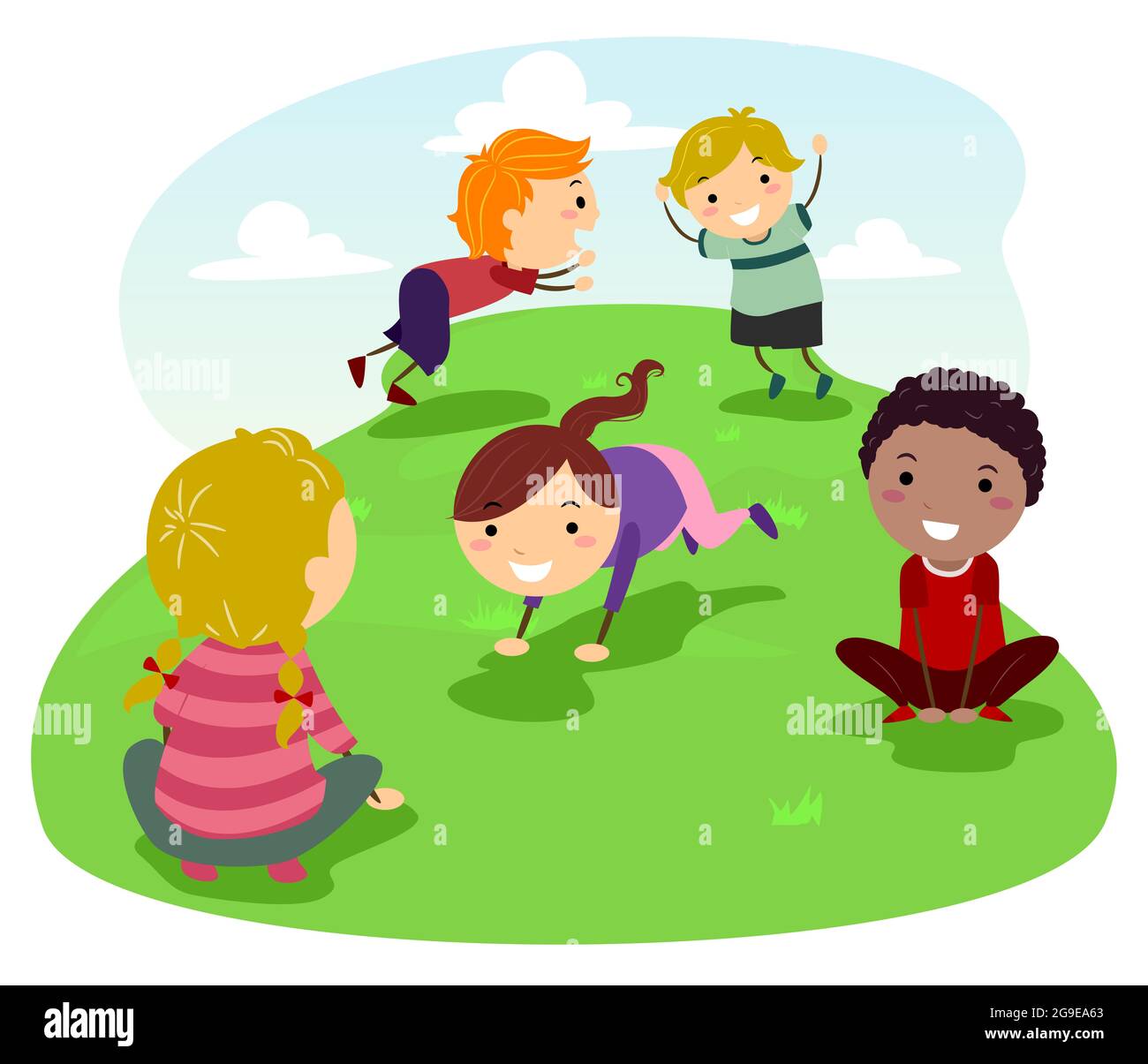 Illustration von Stickman Kids Frog Jumping Outdoor in the Grass und Spaß haben Stockfoto