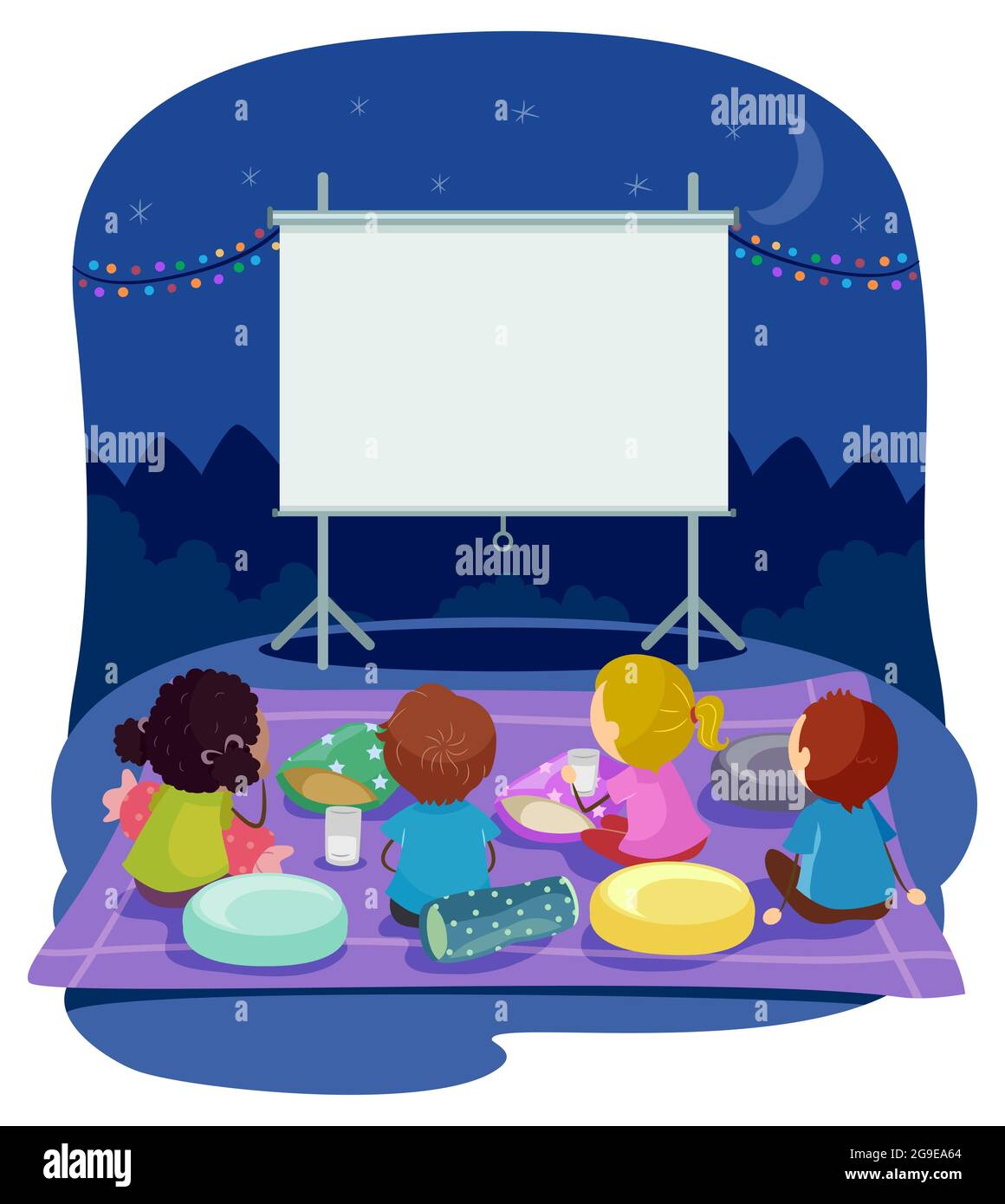 Illustration von Stickman Kids Sitting Down Outdoors für Movie Night Stockfoto