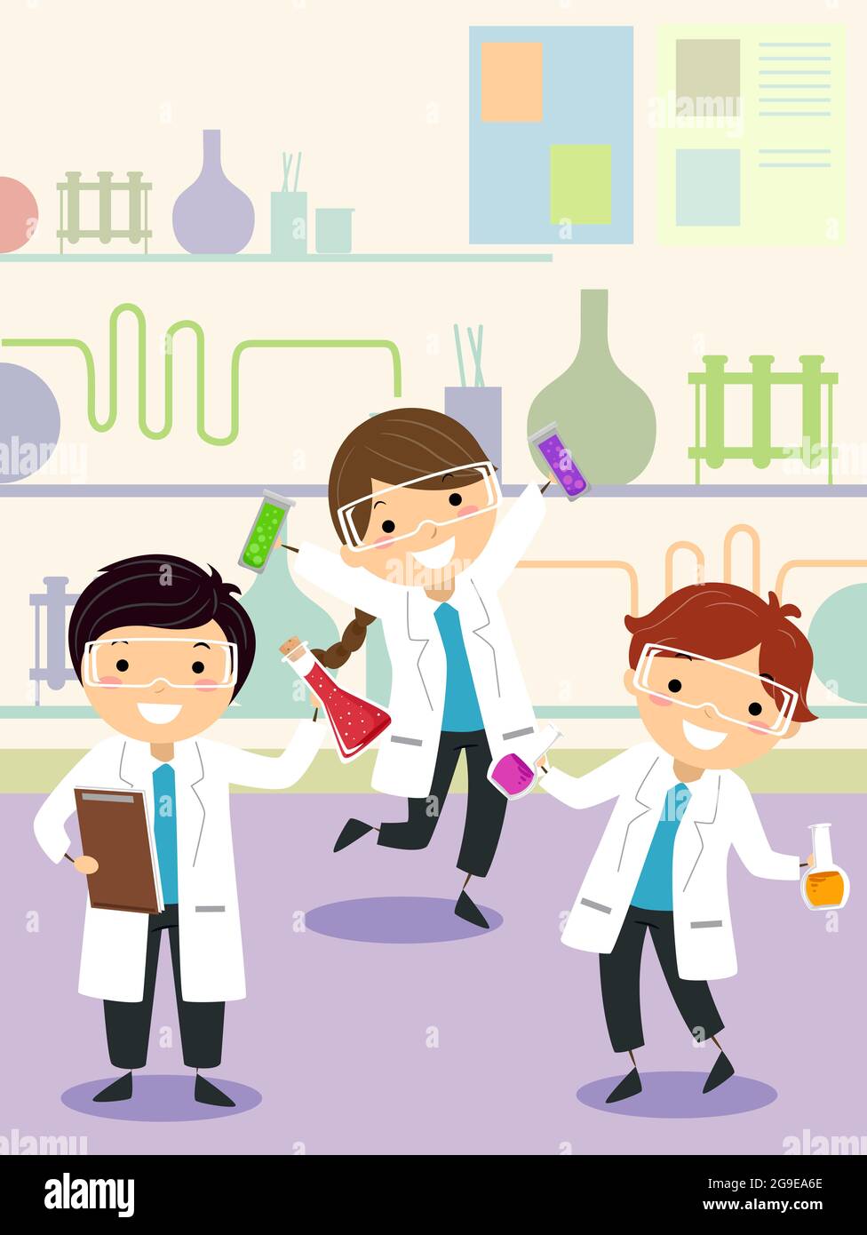 Illustration von Stickman Kids tragen Laborkitsch und halten Chemie Glaswaren Stockfoto