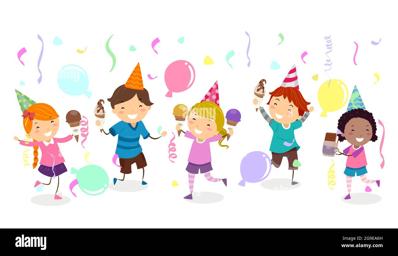 Illustration von Stickman Kids halten Eis mit Ballons und Konfetti in einem Eis Social Stockfoto