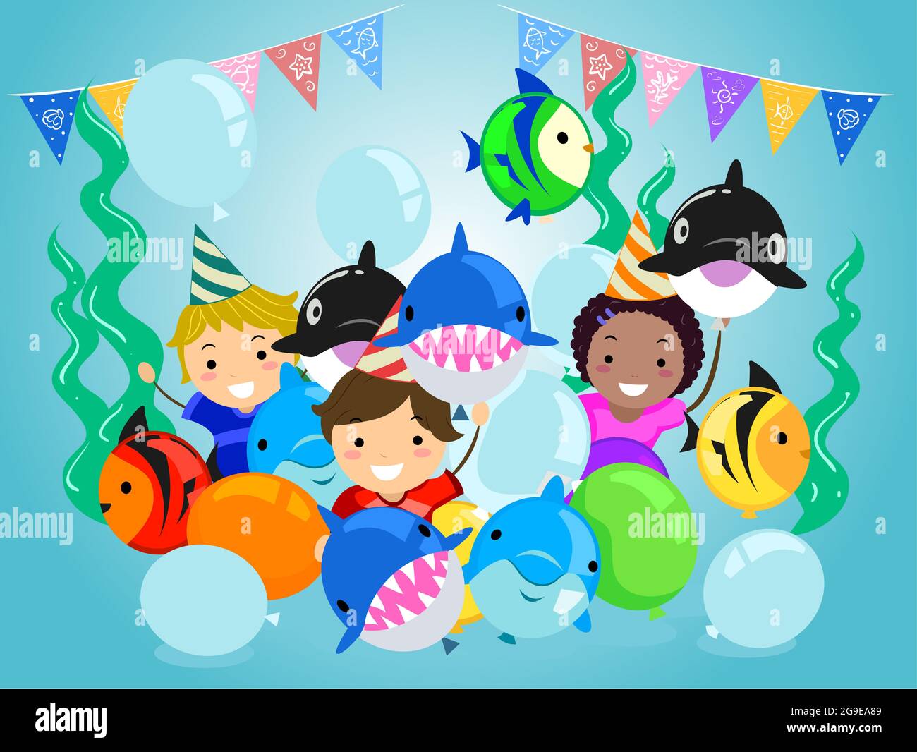 Illustration von Stickman Kids in einem Unterwasser Thema Geburtstagsfeier mit Fisch Ballons Stockfoto