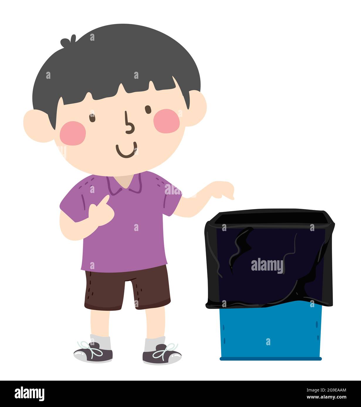 Illustration eines Kid Boy mit Mülltonnen im Klassenzimmer als Wurf-Monitor Stockfoto