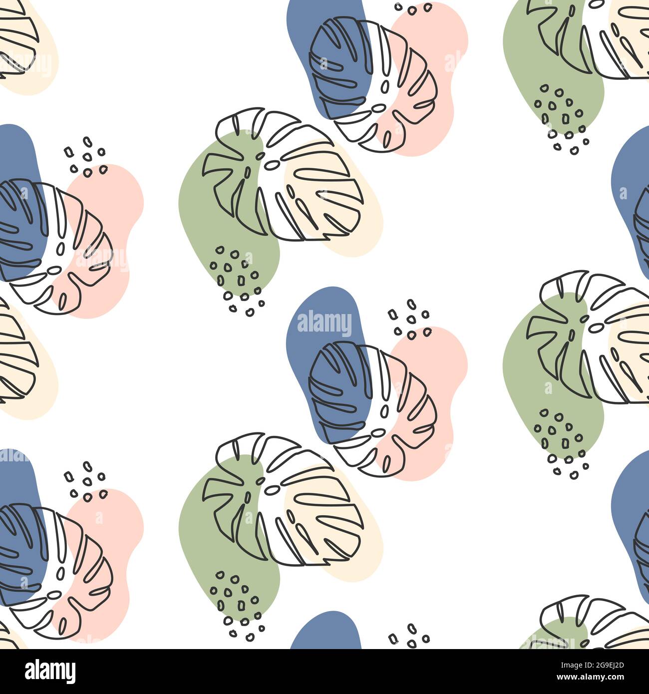 Nahtloses Muster der Konturdarstellung von Monstera-Blättern mit blauen, grünen und rosa Flecken auf weißem Hintergrund. Für Textilien, Tapeten oder Verpackungen Stock Vektor