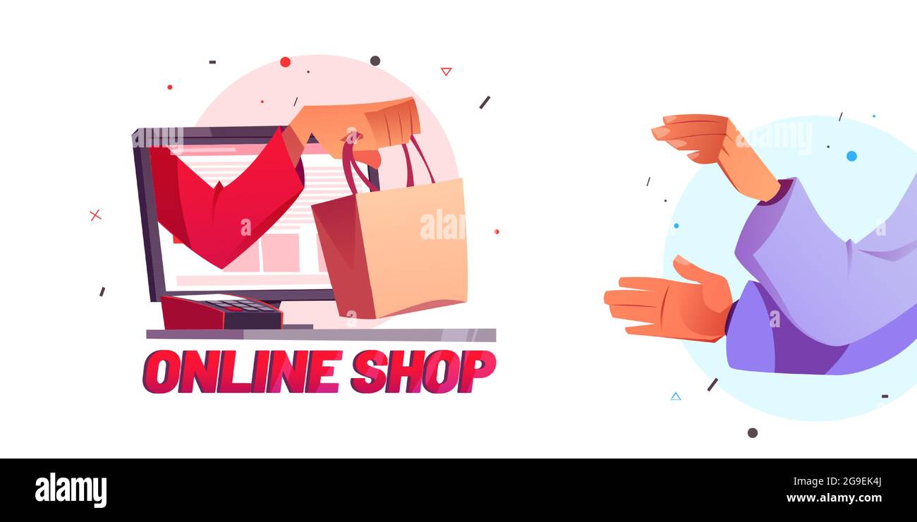 Online-Shop Cartoon Poster Hand geben Einkaufstasche Stock Vektor