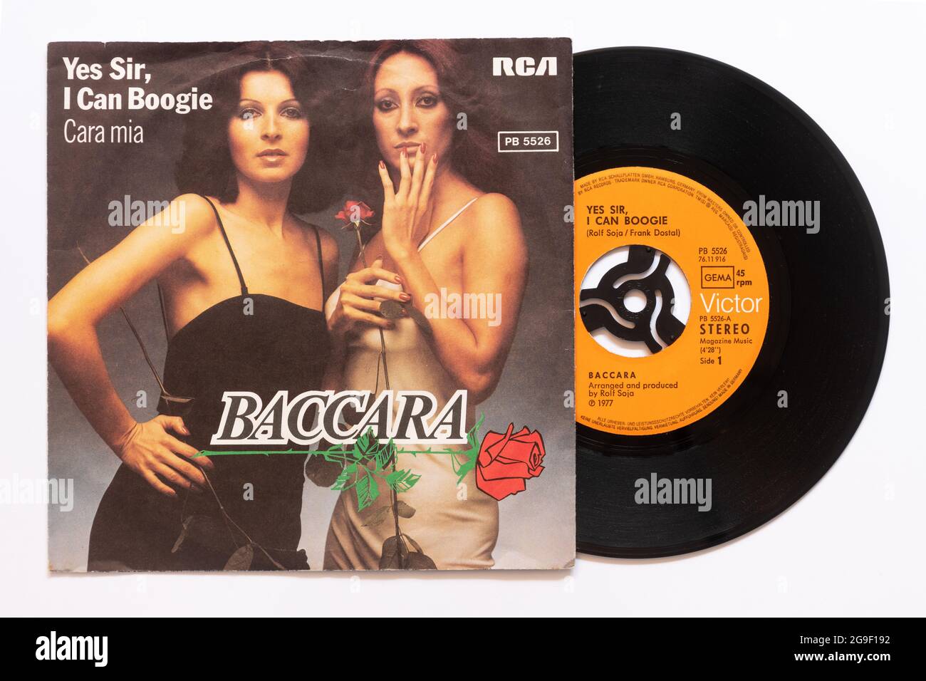 'Yes Sir, I Can Boogie' des spanischen Gesangsduos Baccara, ein Stock-Foto der 7' Single Vinyl-Schallplatte mit 45 U/min in Bilderhülle Stockfoto