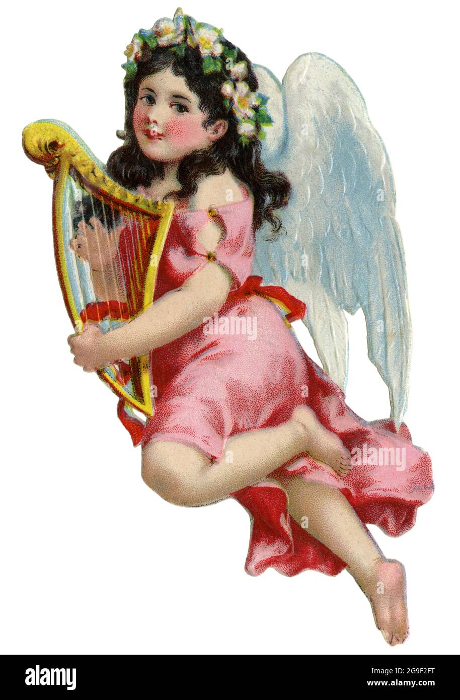 Kitsch / Souvenir, Engel, kleiner Engel mit Harfe, Lithographie, Deutschland, 1929, ZUSÄTZLICHE-RIGHTS-CLEARANCE-INFO-NOT-AVAILABLE Stockfoto