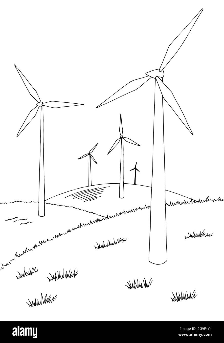 Windmühlen Grafik schwarz weiß Landschaft vertikale Skizze Illustration Vektor Stock Vektor