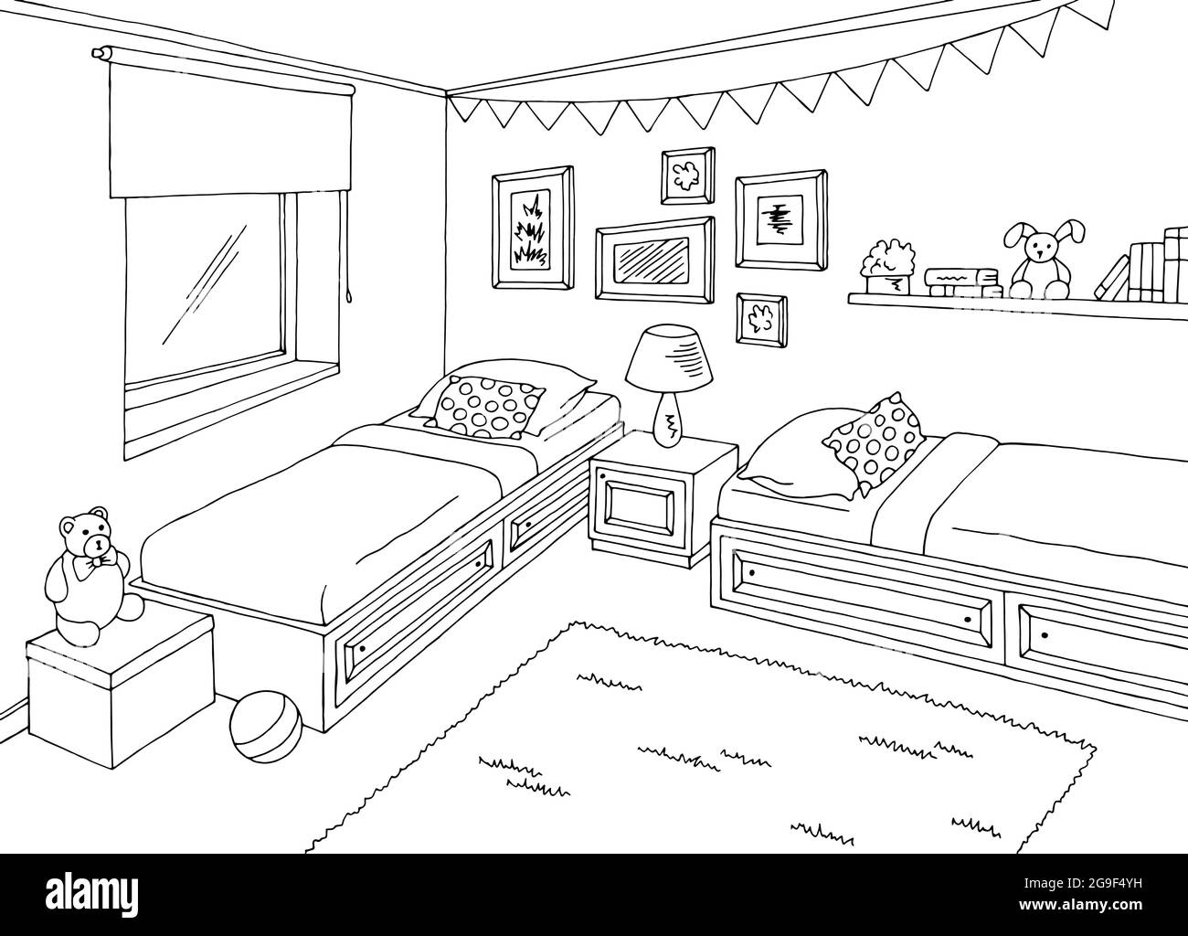 Kinder Zimmer Grafik schwarz weiß zwei Bett Haus Innenraum Skizze Illustration Vektor Stock Vektor