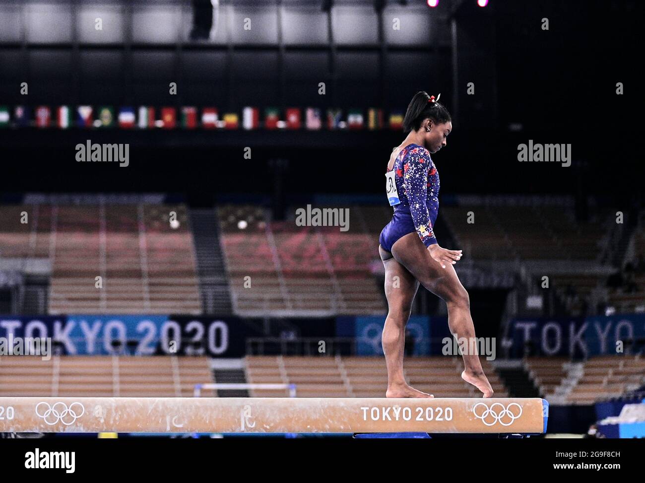 Ariake Gymnastik Center, Tokio, Japan. Juli 2021. Simone Biles aus den Vereinigten Staaten von Amerika während der Qualifikation der Frauen für das Finale der Kunstturnen bei den Olympischen Spielen im Ariake Gymnastik Center, Tokio, Japan. Ulrik Pedersen/CSM/Alamy Live News Stockfoto