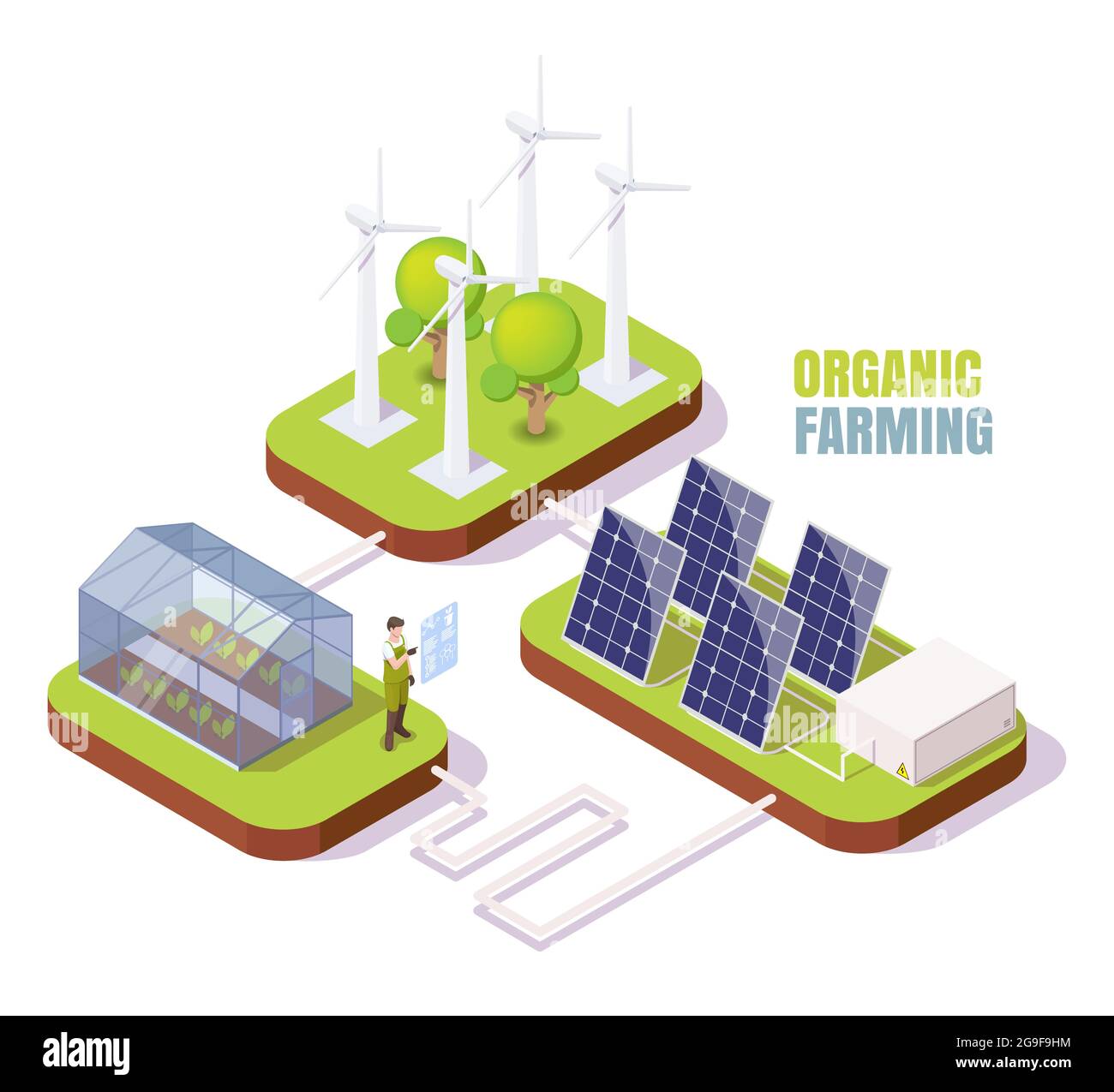 Bio-Bauernhof. Isometrisches Gewächshaus, Windturbinen, Sonnenkollektoren. Gewächshaus mit sauberer alternativer Energie, Vektor. Stock Vektor