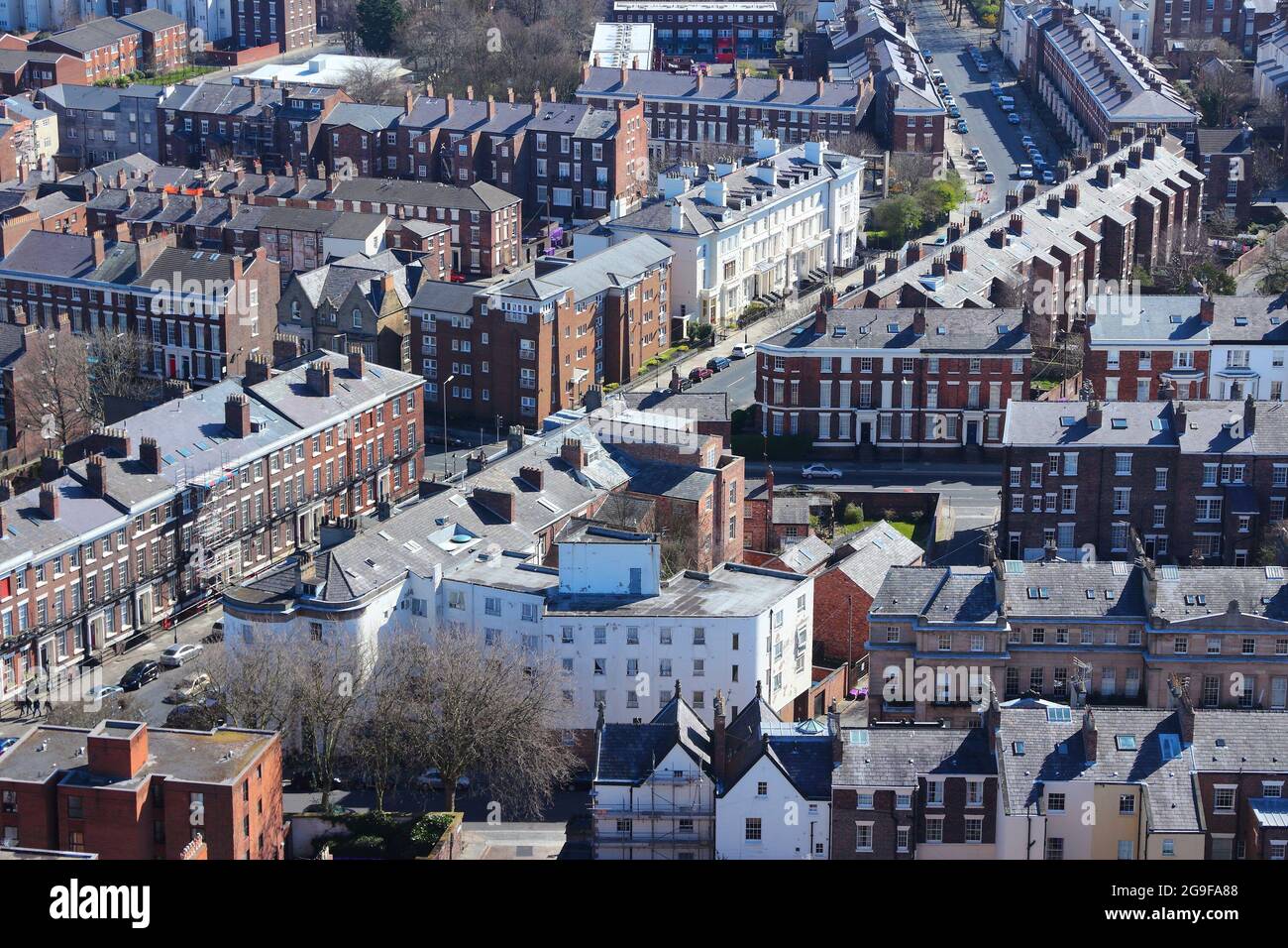 Liverpool City, Vereinigtes Königreich. Luftaufnahme der Stadtarchitektur. Stockfoto