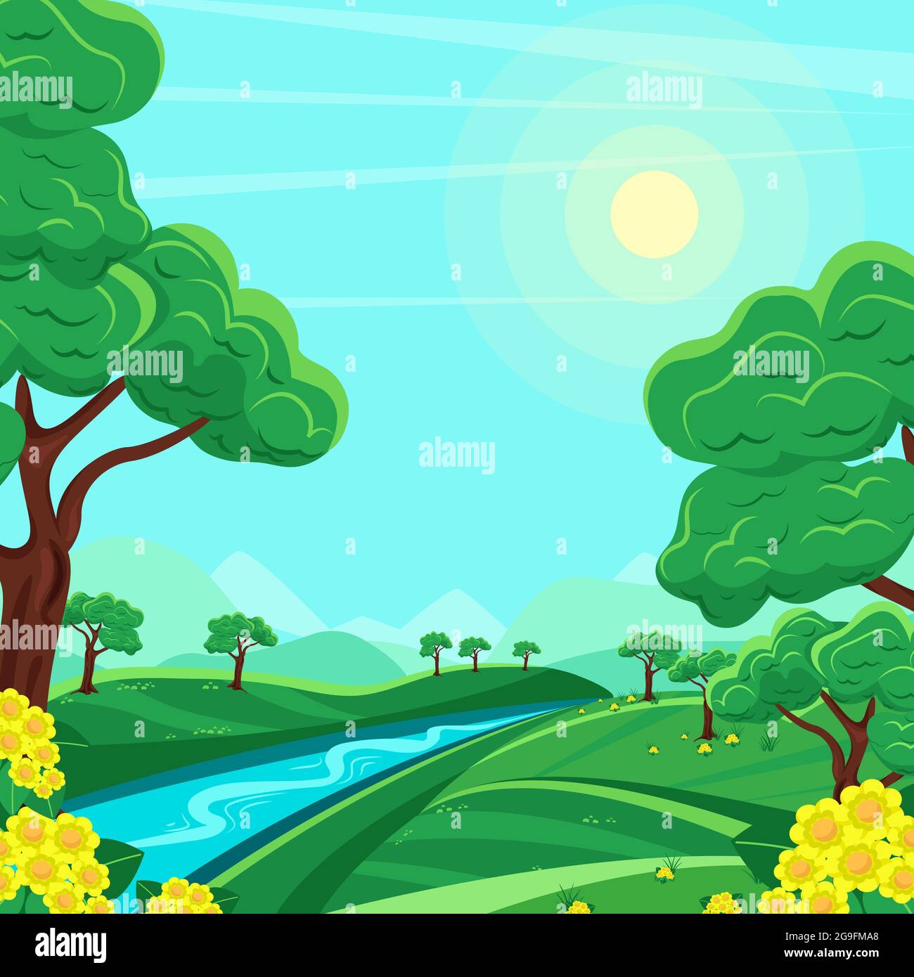 Schöne Sommer-Berglandschaft, Fluss zwischen Bergen. Vektorgrafik im flachen Stil Stock Vektor