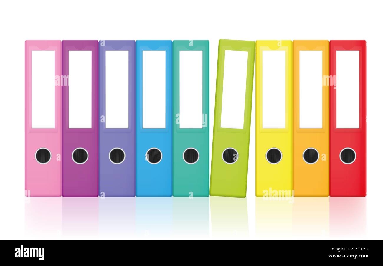 Farbige Ringordner, farbenfrohe, unbeschriftete Heftkarten-Sets,  Regenbogenfarben-Kollektion für glückliche Büroarbeit und aufgeräumte  Ablage Stockfotografie - Alamy
