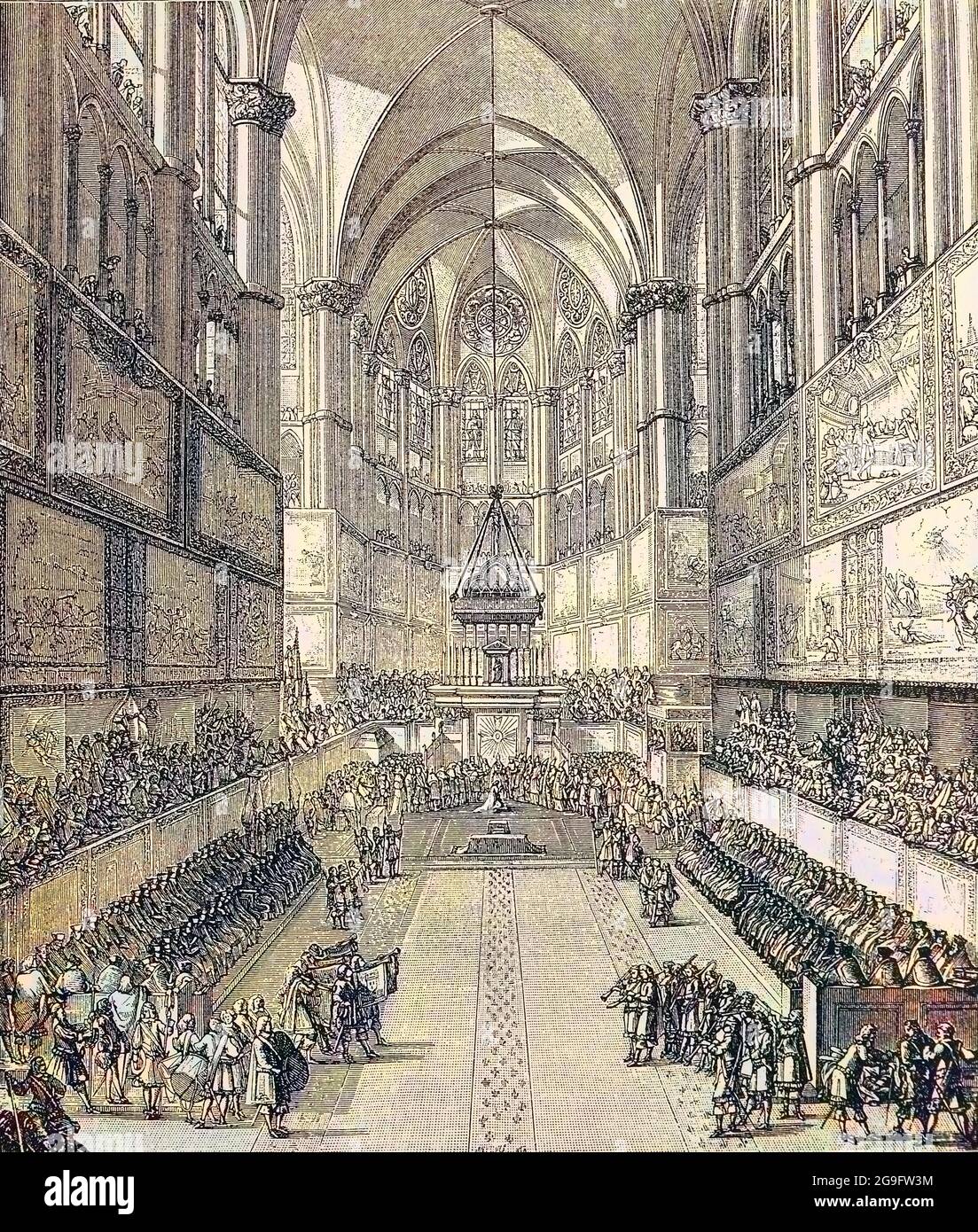 Salbung von König Ludwig XIV. In der Kathedrale von Reims, Frankreich, Ludwig XIV., 5. September 1638 - 1. September 1715, war ein französischer Prinz aus dem Haus der Bourbon und König von Frankreich und Navarra von 1643 bis zu seinem Tod / Salbung von König Ludwig XIV. In der Kathedrale Reims, Frankreich, Ludwig XIV., 5. September 1638 - 1. September 1715, war ein französischer Prinz aus dem Haus Bourbon und von 1643 bis zu seinem Tod König von Frankreich und Navarra, Historisch, historisch, digital verbesserte Reproduktion eines Originals aus dem 19. Jahrhundert / digitale Reproduktion einer Originalvorlage aus dem 19ten Jahrhundert. Jahrhundert Stockfoto