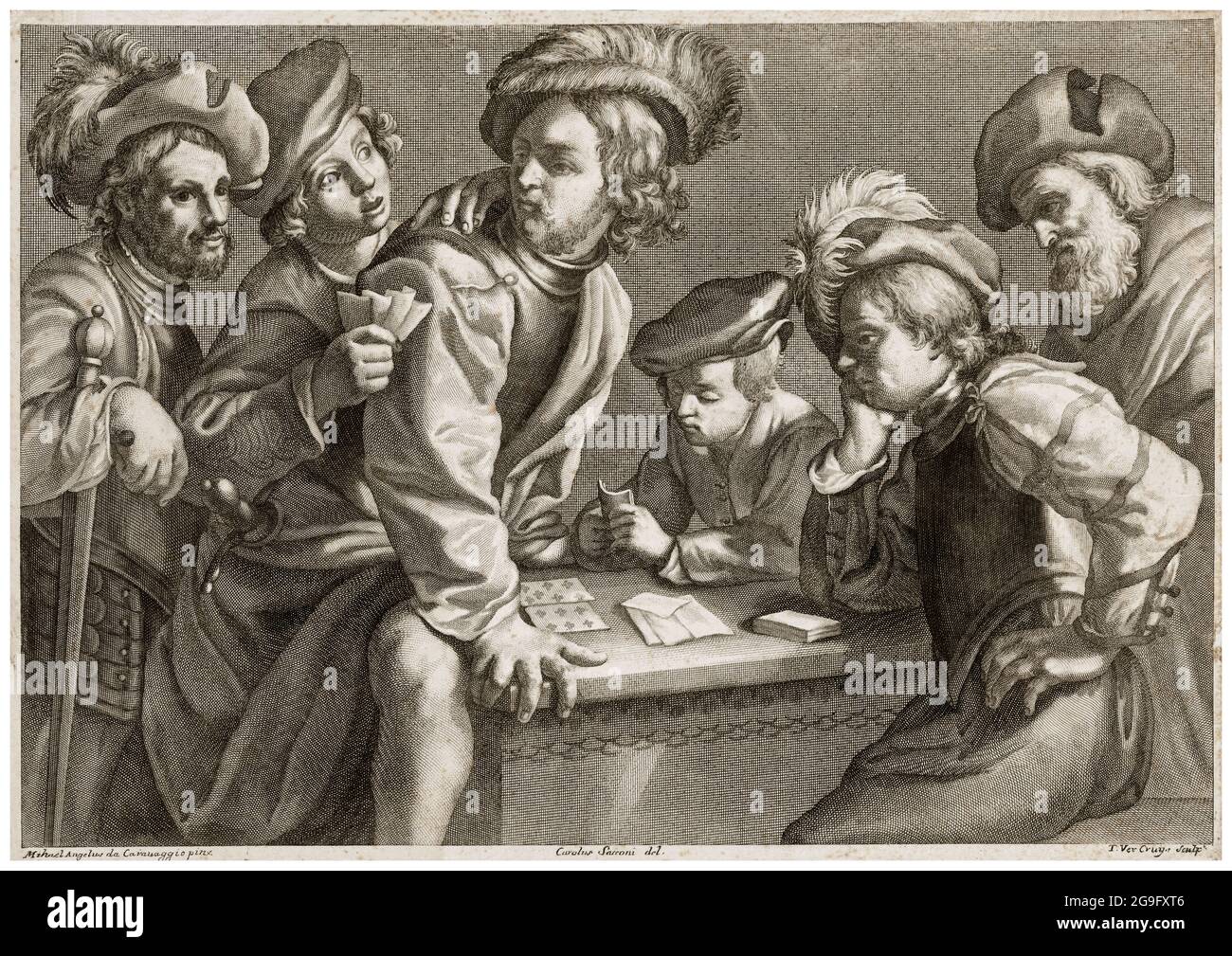 Die Kartenspieler, Gravur von Teodor Vercruys, Carlo Sacconi, nach Caravaggio, 1707-1739 Stockfoto