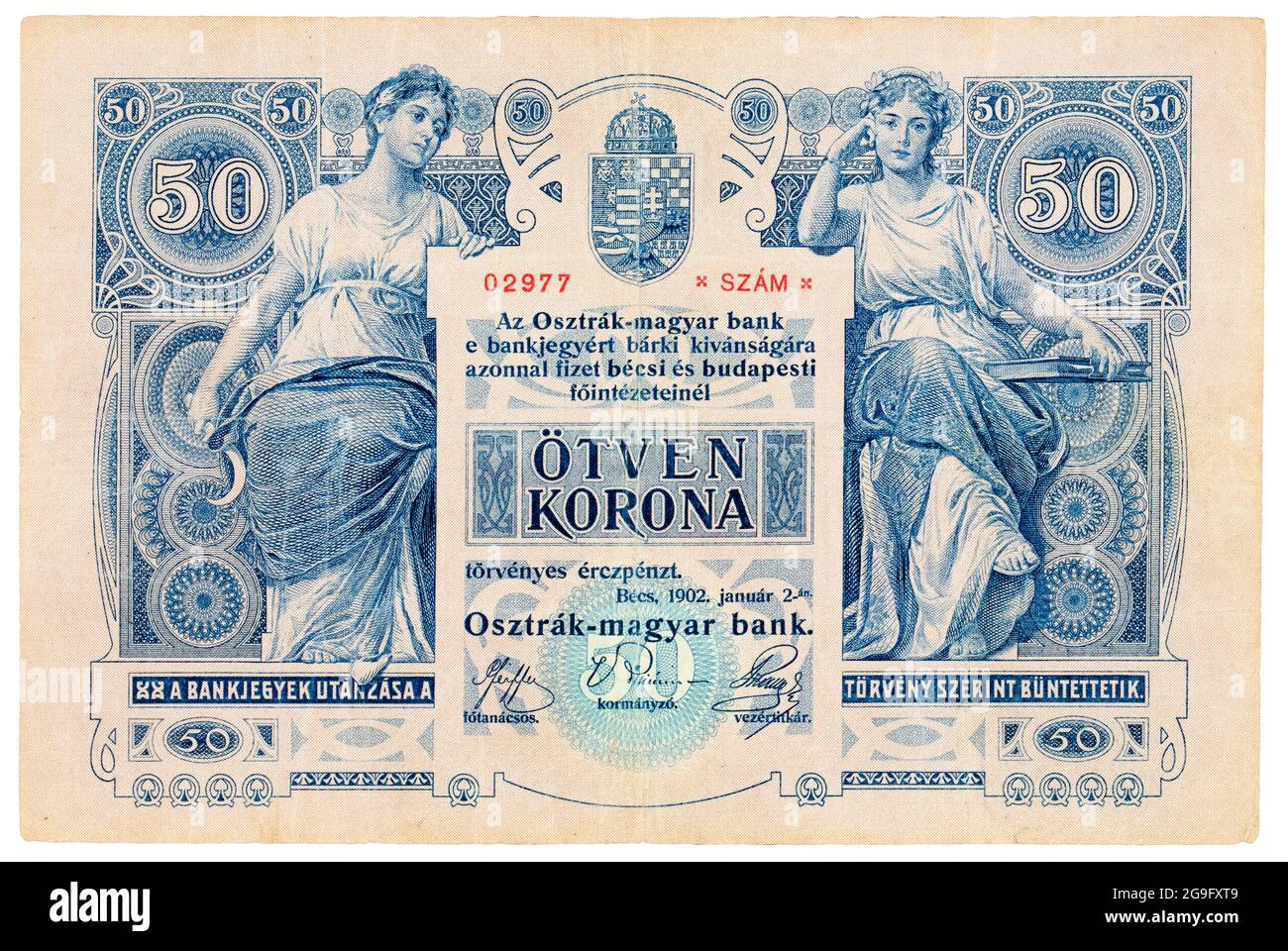 Entwurf für eine Krone (Korona)-Banknote 50, Währung Österreich-Ungarns, Kunst von Gustav Klimt und Rudolf Rossler, 1902 Stockfoto