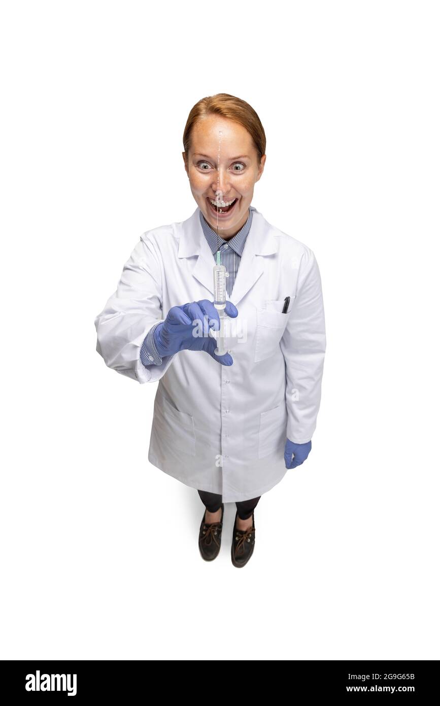 Porträt eines Arztes, therapeutischen oder medizinischen Beraters bei der Arbeit. Lustige Meme Emotionen. Konzept der Gesundheitsfürsorge, Pflegemedizin und Humor Stockfoto