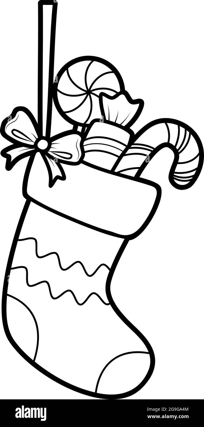 Weihnachten zum ausmalen Buch oder Seite für Kinder. Christmas Sock schwarz-weiß Vektor-Illustration Stock Vektor