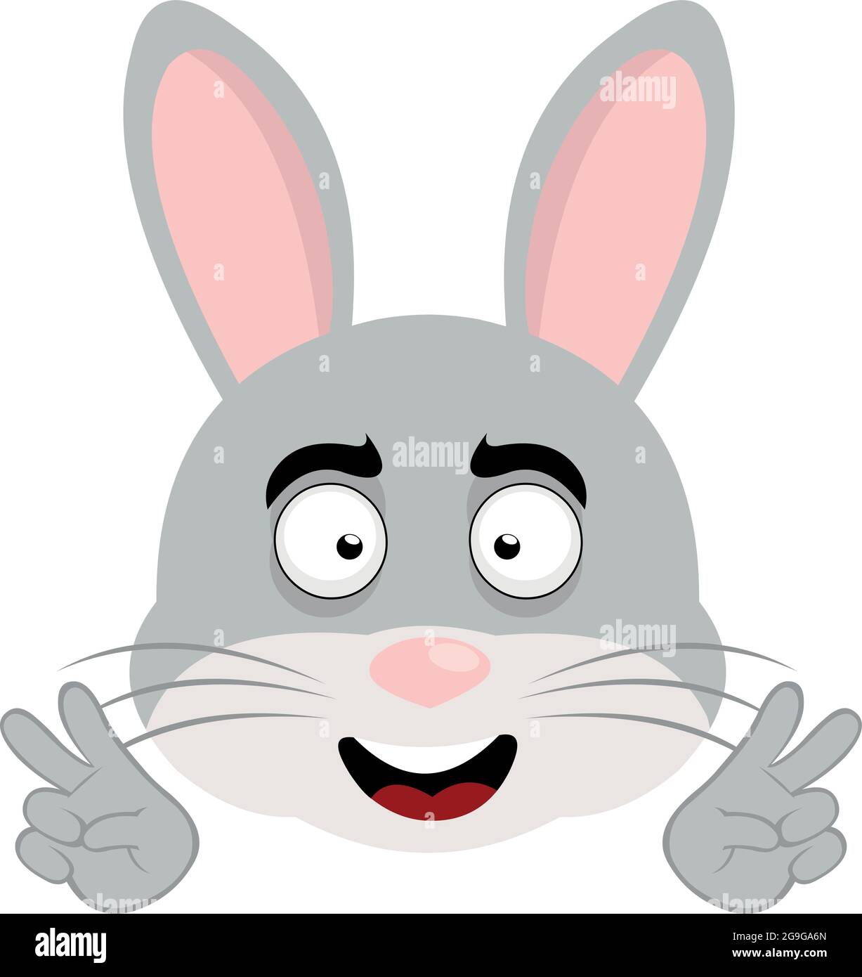 Vektor-Illustration der Emoticon des Gesichts eines Cartoon-Kaninchen macht eine Geste mit seinen Händen des Symbols für Frieden und Liebe oder V Sieg Stock Vektor
