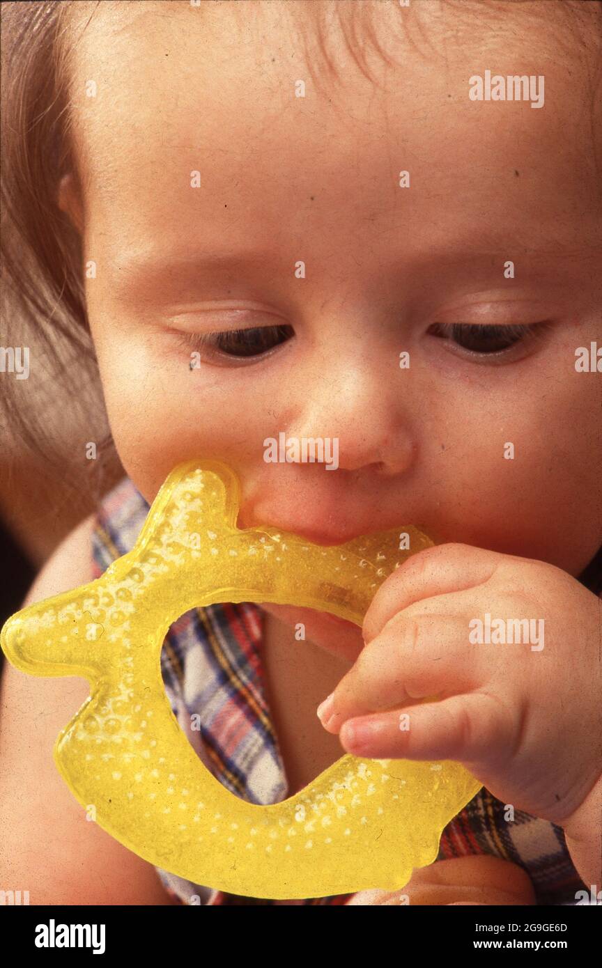 Austin, Texas, USA, August 1994: 4 Monate alter Junge kaut an einem Beißspielzeug aus Kunststoff. ©Bob Daemmrich Stockfoto