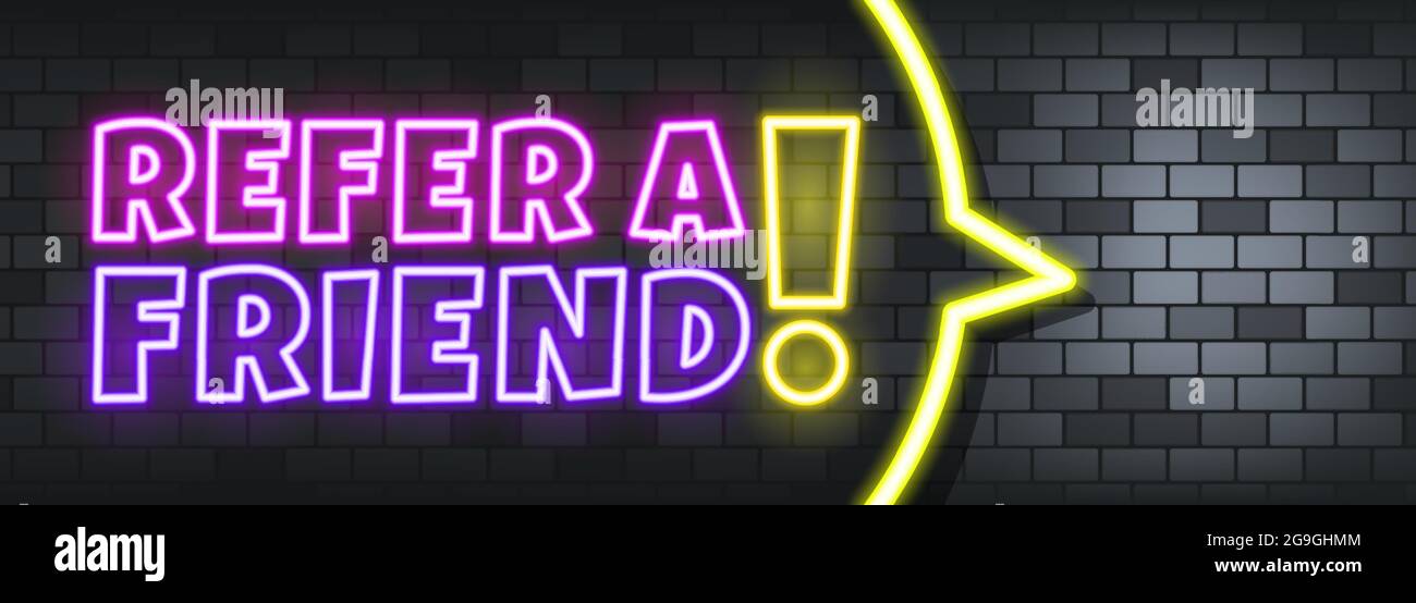 Empfehlen Sie einen Freund Neontext auf dem Steinhintergrund. Empfehlen Sie einen Freund. Für Unternehmen, Marketing und Werbung. Vektor auf isoliertem Hintergrund. EPS 10. Stock Vektor