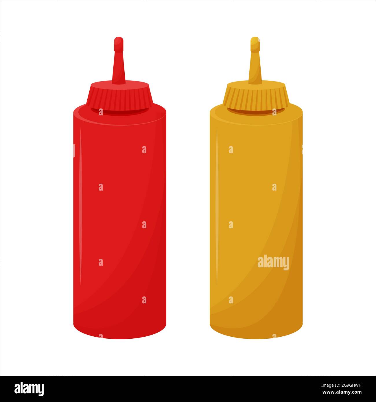 Ketchup und Senf isoliert auf weißem Hintergrund in flachen Stil Stock-Objekte. Plastikflaschen in roter und gelber Farbe. Tube mit Sauce für Fast Food. Vektorgrafik Stock Vektor
