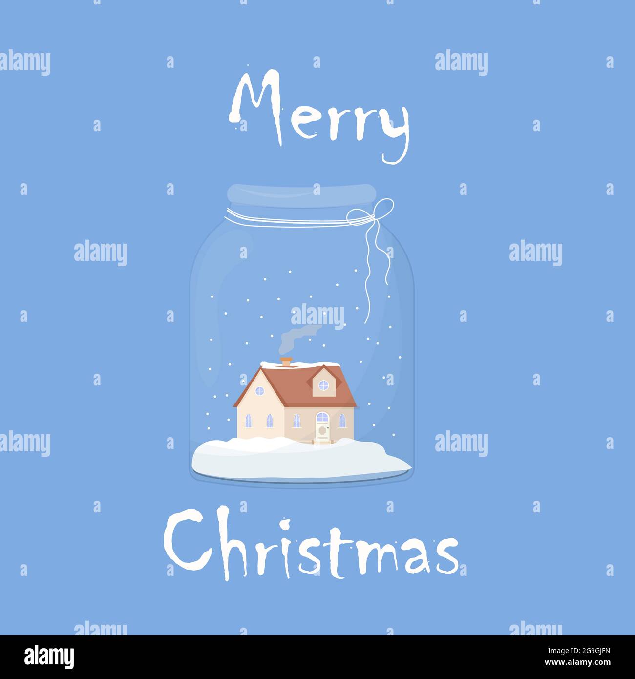 Nettes, gemütliches kleines Haus, Haus mit Schneeflocken im Glas, Text Frohe Weihnachten. Grußkarte, Poster-Design. Vektorgrafik Stock Vektor