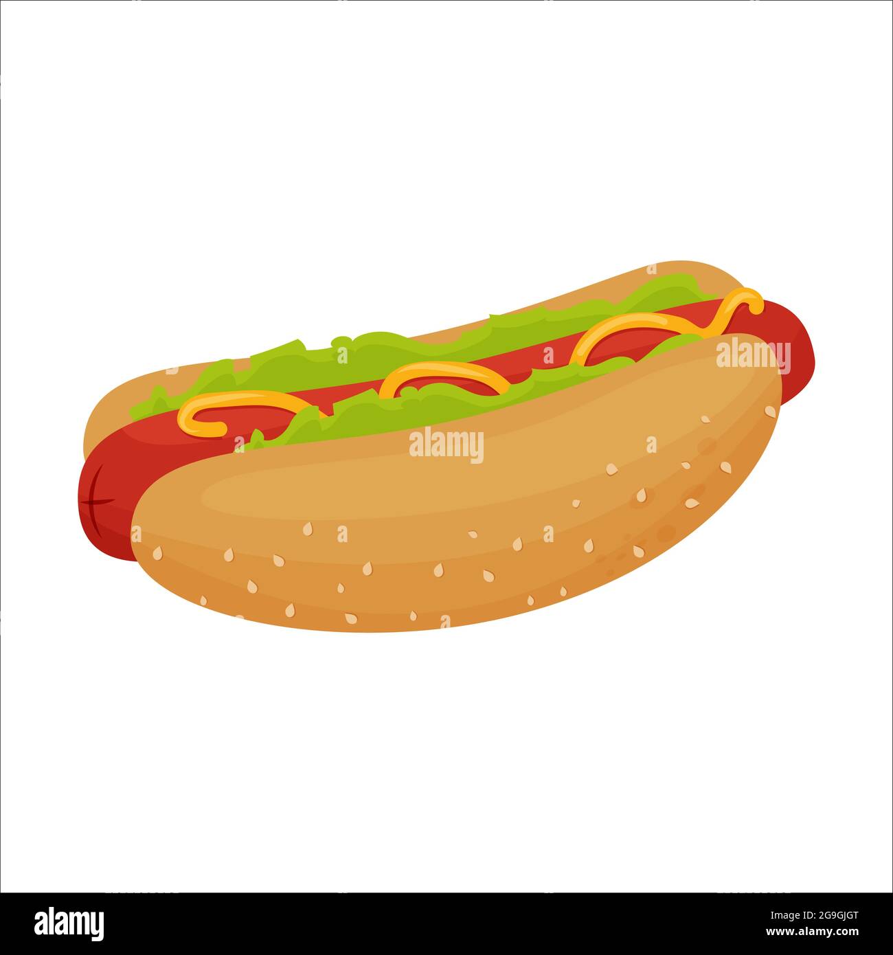 Bunt lecker Hotdog mit Wurst, Senf, Salat und sesames auf Brötchen isoliert auf weißem Hintergrund. . Vektorgrafik Stock Vektor