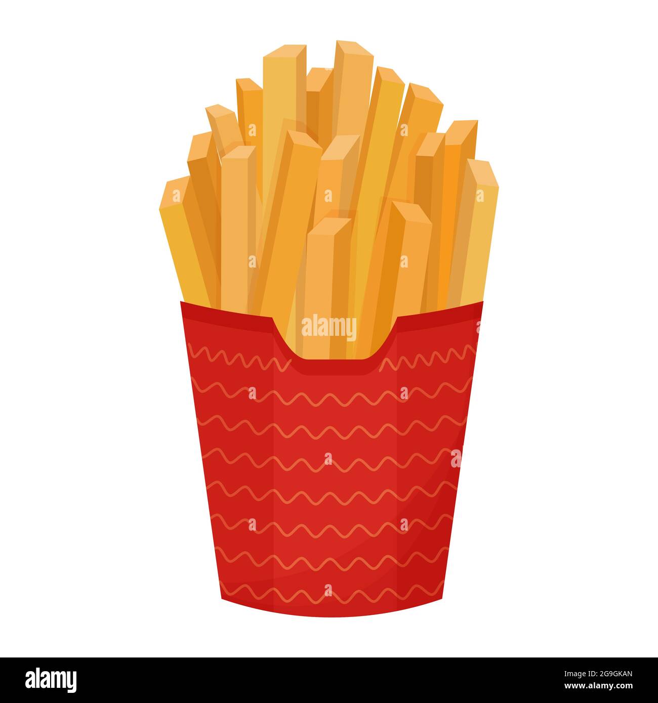 Ein Stapel pommes frites, volle rote Papierpackung, isolierte Fast Food auf weißem Hintergrund. Köstliche, bunte Snack, Objekt. . Vektorgrafik Stock Vektor