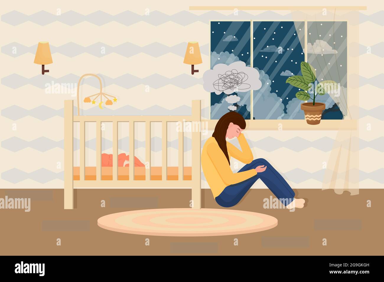 Postpartale Depression Konzept in flachen Stil. Müde, traurige Mutter, Frau, die auf dem Boden sitzt, fast schlecht mit schlafenden Babys. Psychologie Problem, Eltern Schwierigkeiten. Vektorgrafik Stock Vektor