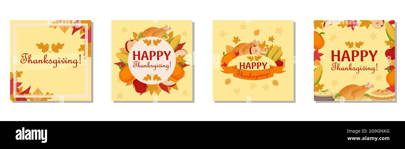 Set mit verschiedenen Thanksgiving-Karten mit Herbstelementen, Kürbis, gebratenem truthahn, Mais und traditionellem Kuchen. . Vektorgrafik Stock Vektor