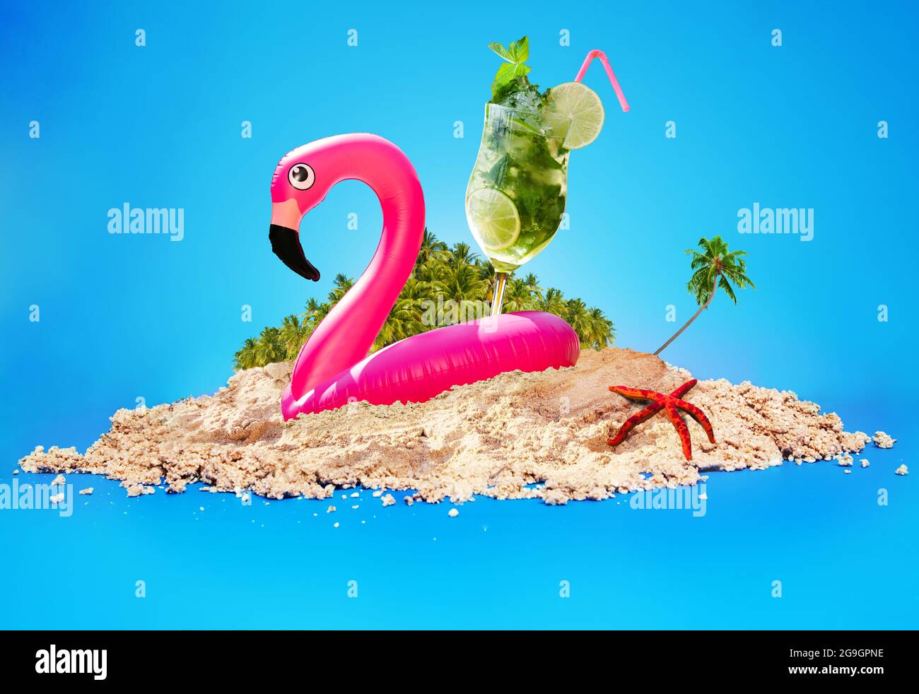 Sommer Strand entspannen Illustration Mojito, Flamingo Stockfoto