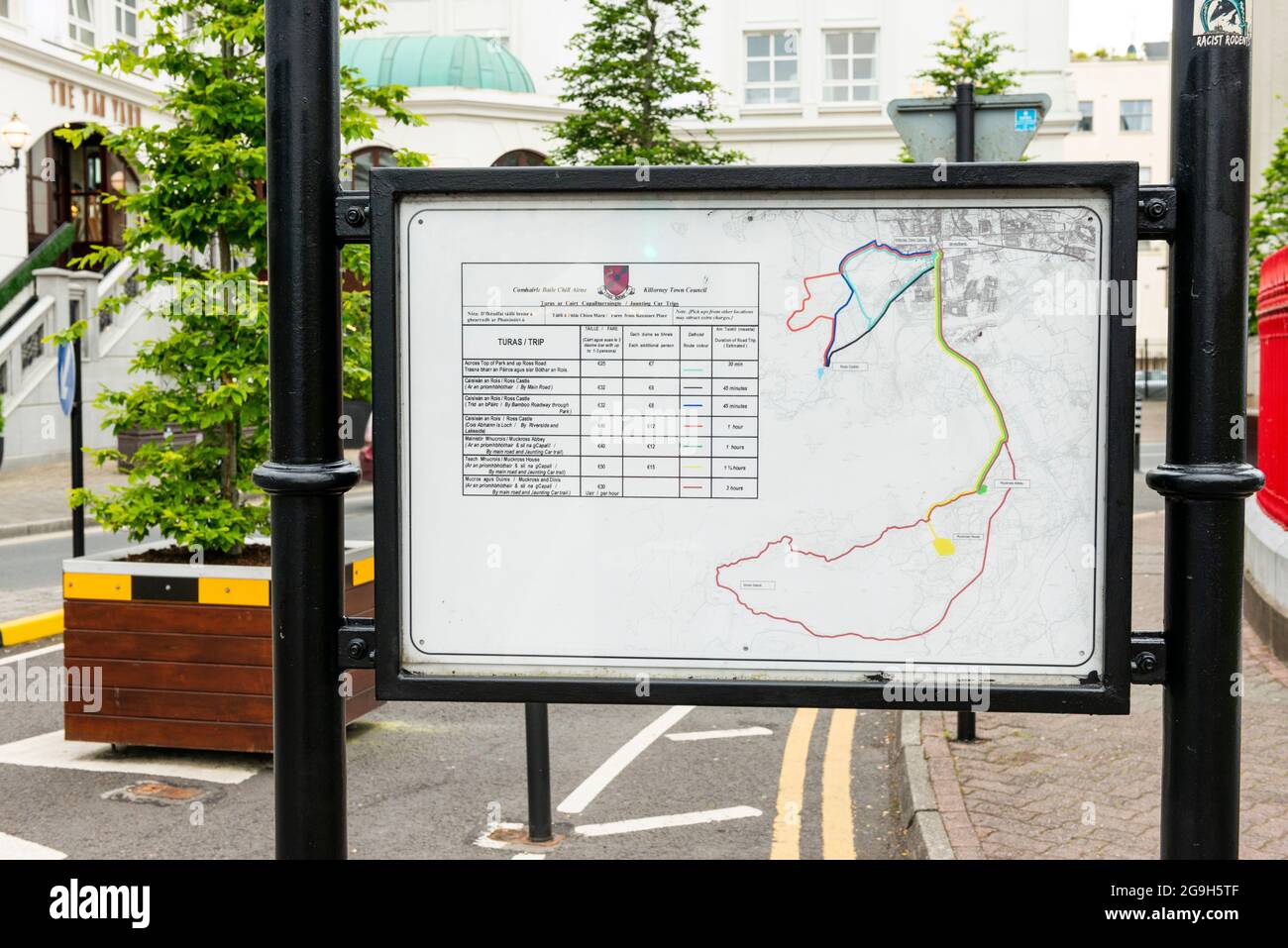 Autofahrten Karte und Preise Fares Straßenschild in Killarney, County Kerry, Irland Stockfoto
