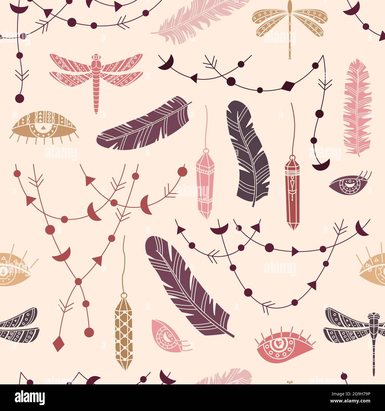 Vektor-Nahtloses Muster mit Boho-Illustrationen. Böhmischer Hintergrund im schlichten Stil. Stock Vektor