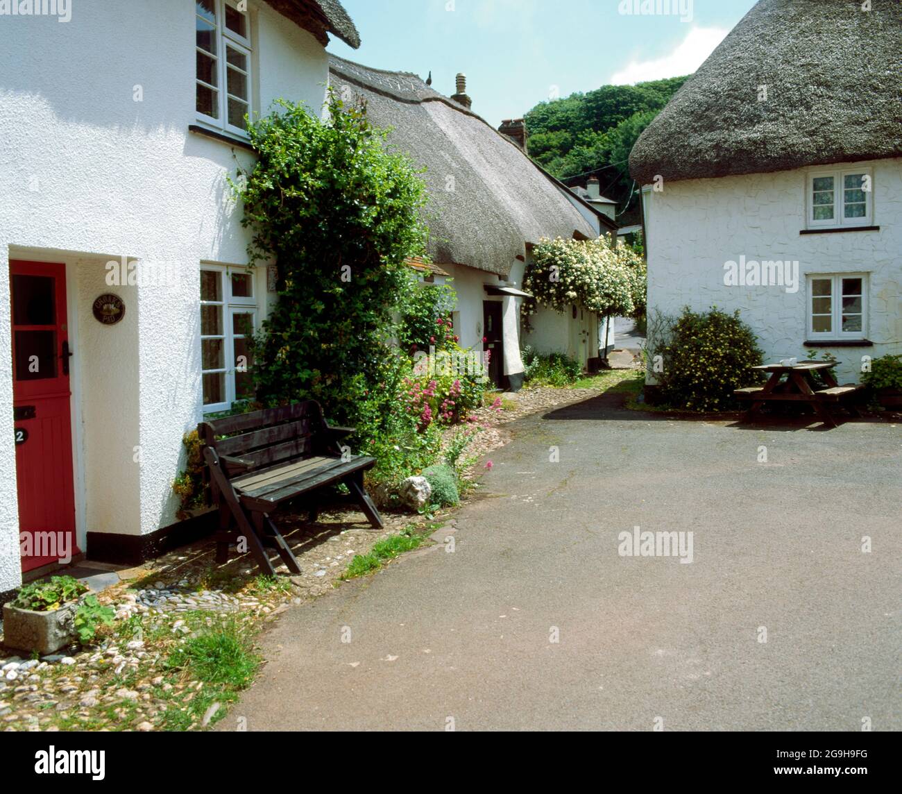 Strohgedeckte Hütten, Inner Hope, South Hams, Devon. Stockfoto