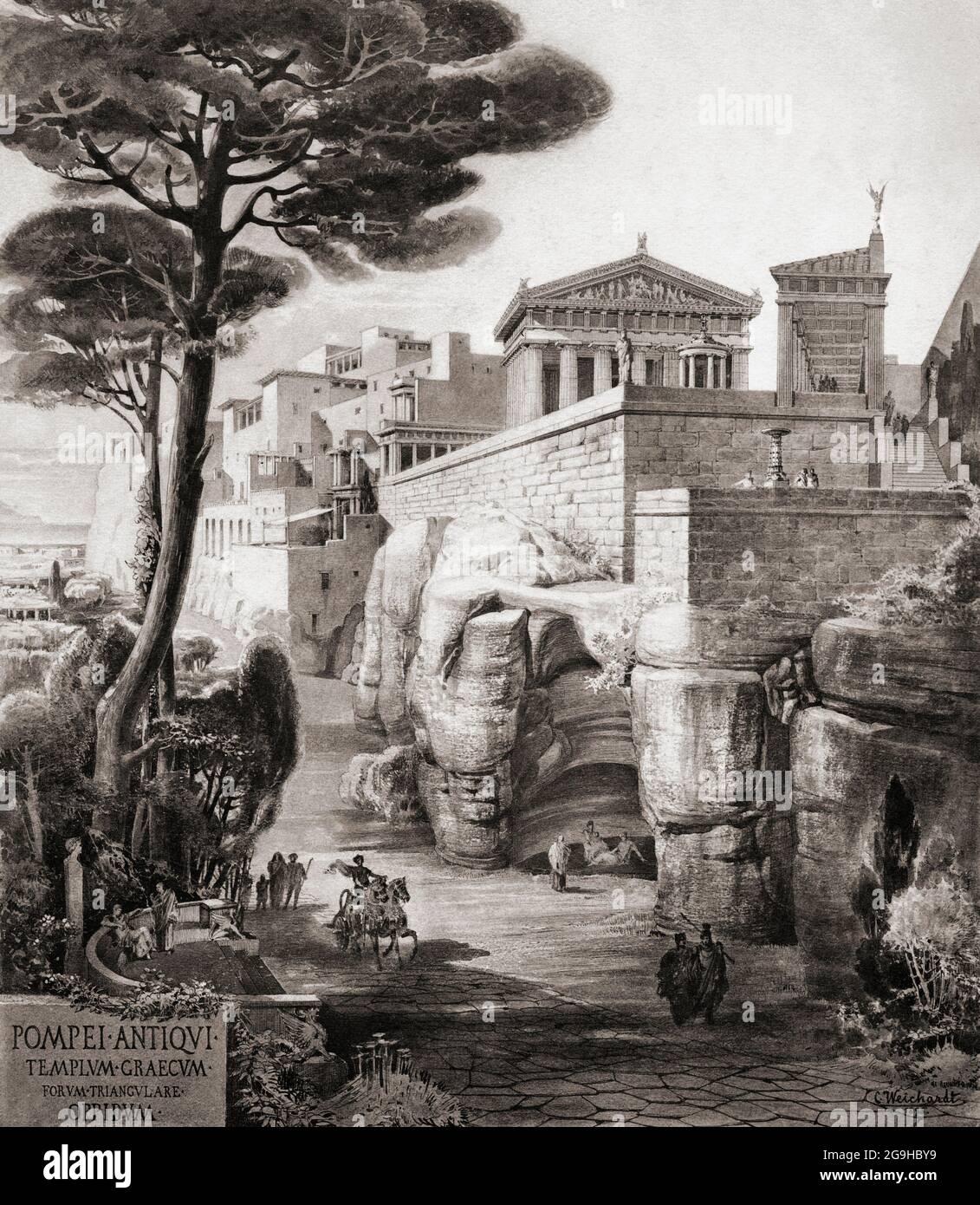 Pompeji, Italien. Eine Rekonstruktion aus dem 19. Jahrhundert, wie die Südseite von Pompeji mit dem griechischen Tempel auf dem dreieckigen Forum ausgesehen haben könnte. Nach einem Werk des Künstlers Carl Weichardt aus dem 19. Jahrhundert. Stockfoto
