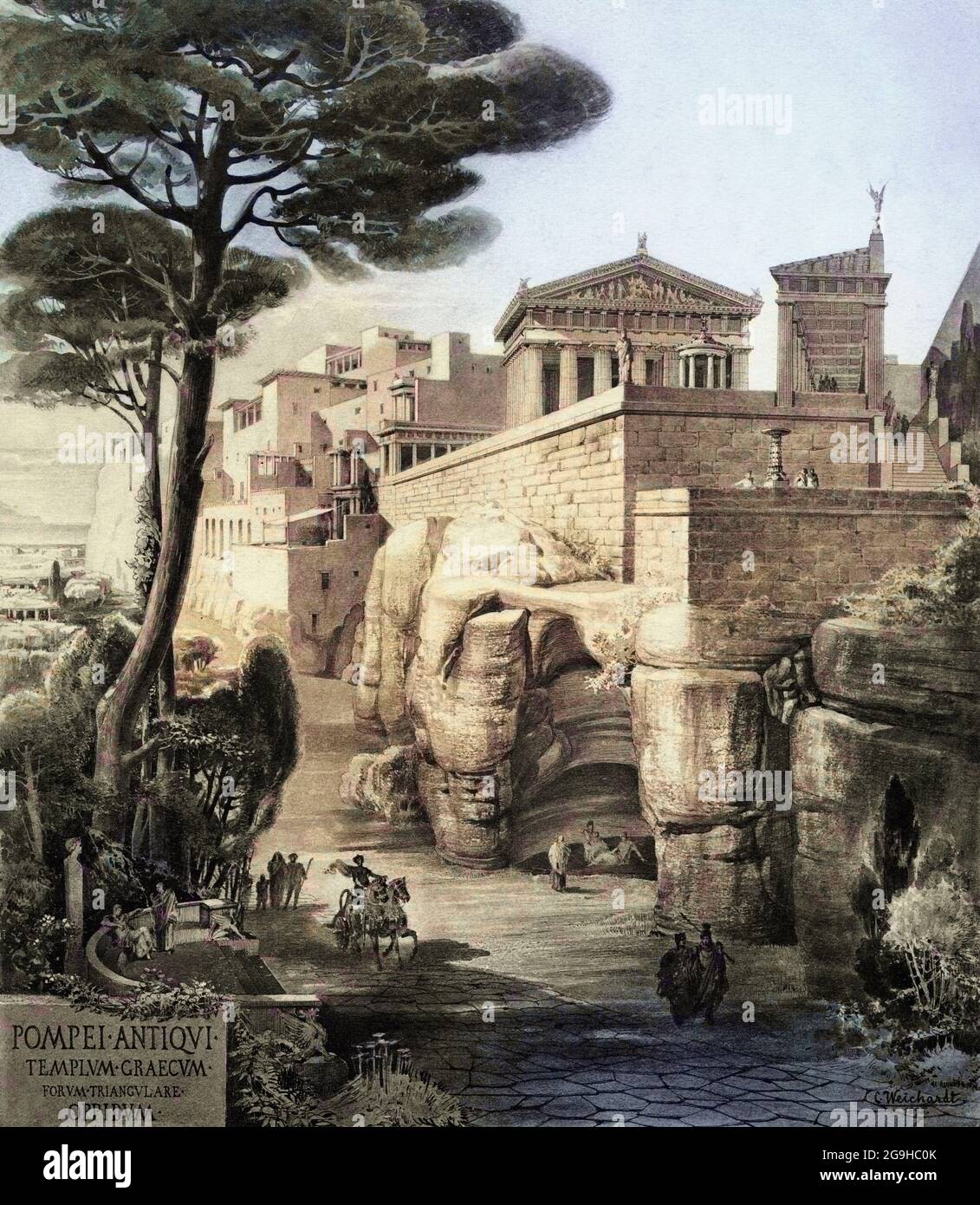 Pompeji, Italien. Eine Rekonstruktion aus dem 19. Jahrhundert, wie die Südseite von Pompeji mit dem griechischen Tempel auf dem dreieckigen Forum ausgesehen haben könnte. Nach einem Werk des Künstlers Carl Weichardt aus dem 19. Jahrhundert. Stockfoto