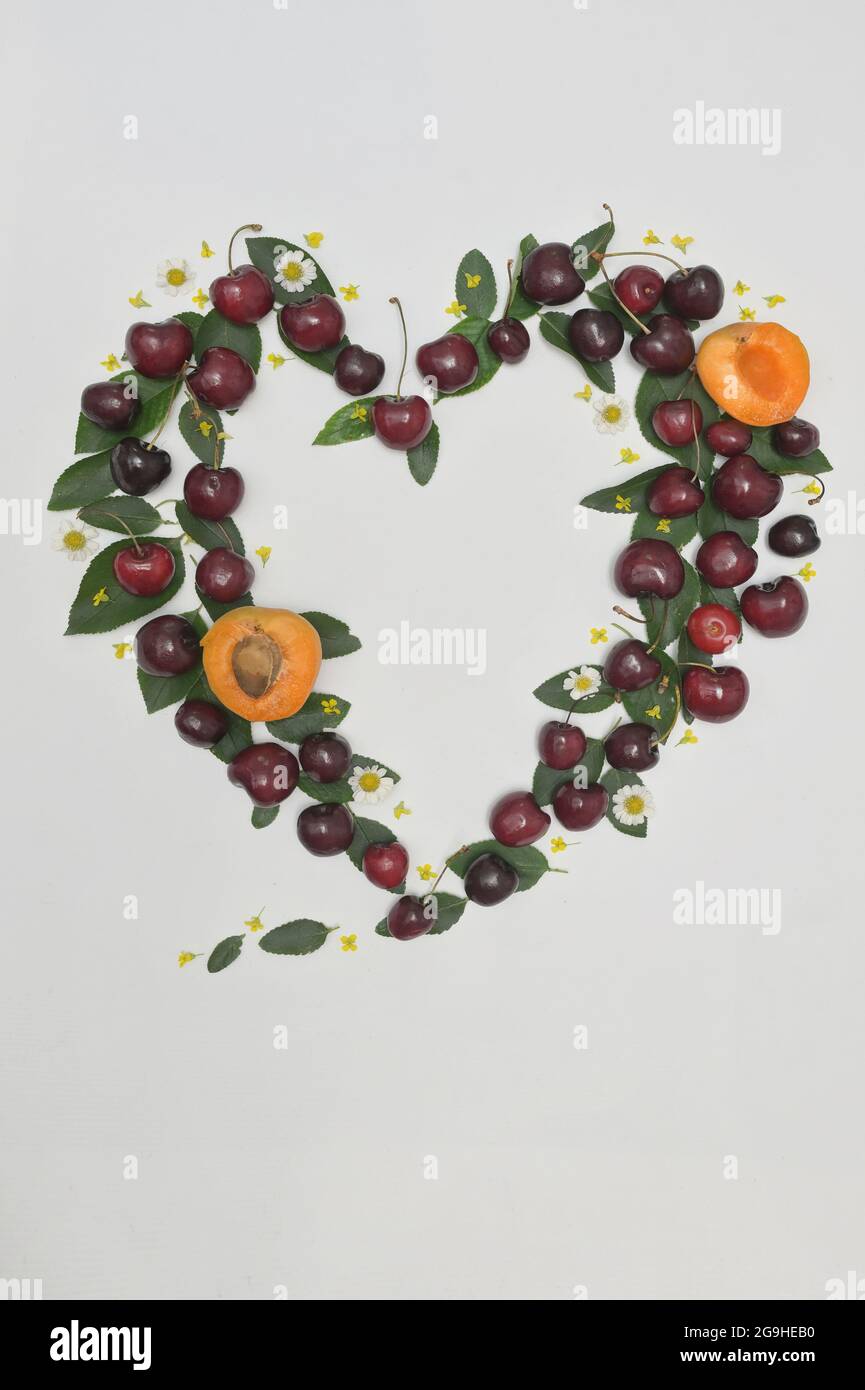 Sommerherz Rahmen mit Hello JulyText reife rote Kirschen und Aprikosen Stockfoto