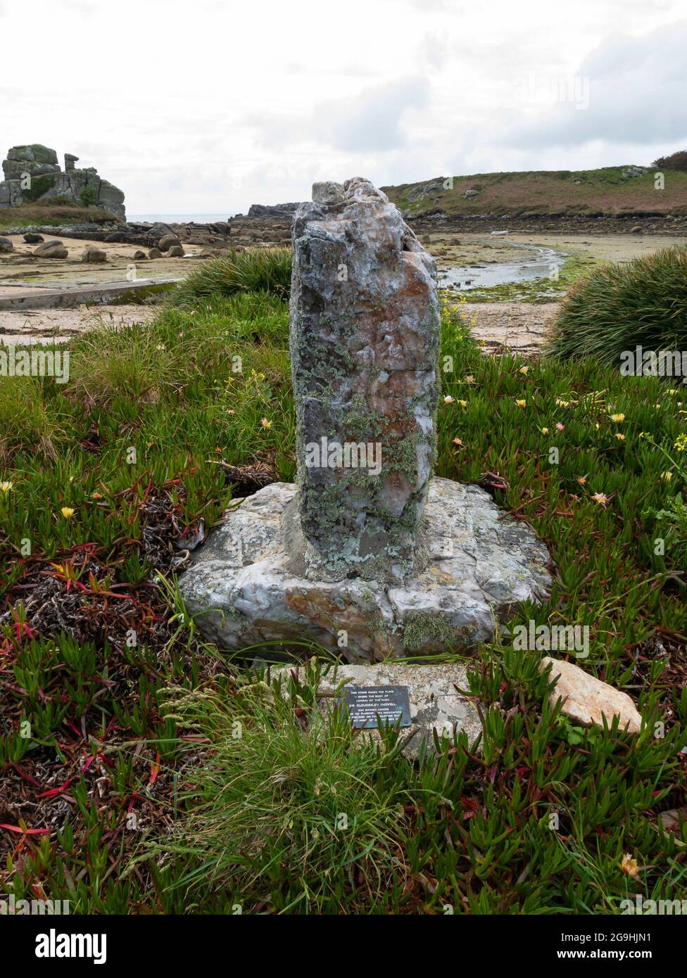 Admiral der Flotte, Sir Cloudesley Shovel Monument, Porth Hellick, St Mary's, Isles of Scilly, Cornwall, England, Großbritannien. Stockfoto