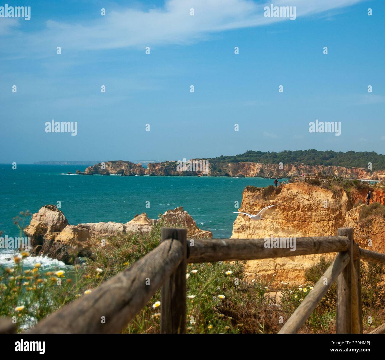 Küste der Algarve, Portugal mit Holztreppen entlang der Klippen - Platz für Text Stockfoto