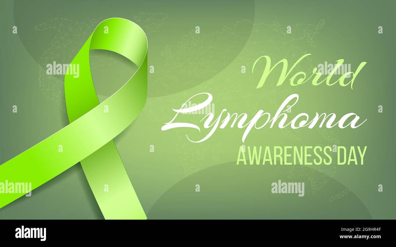 Konzept des Welt-Lymphom-Awareness-Day. Banner mit Lime Ribbon Awareness, Text und Weltkarte. Vektorgrafik. Stock Vektor