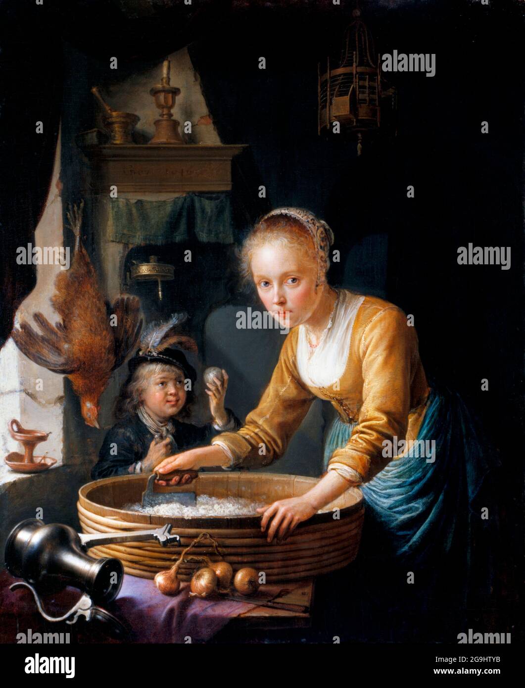 Mädchen hackt Zwiebeln von Gerrit Dou (1613-1675), Öl auf Tafel, 1646 Stockfoto